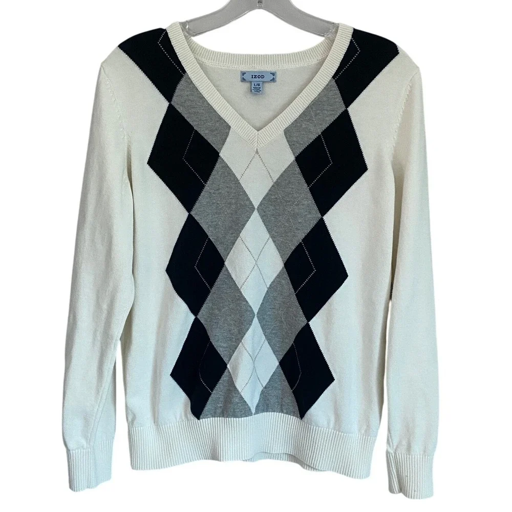 IZOD Womens Argyle V-Neck Sweater White Black Grey 100 Cotton‎ Long Sleeve L